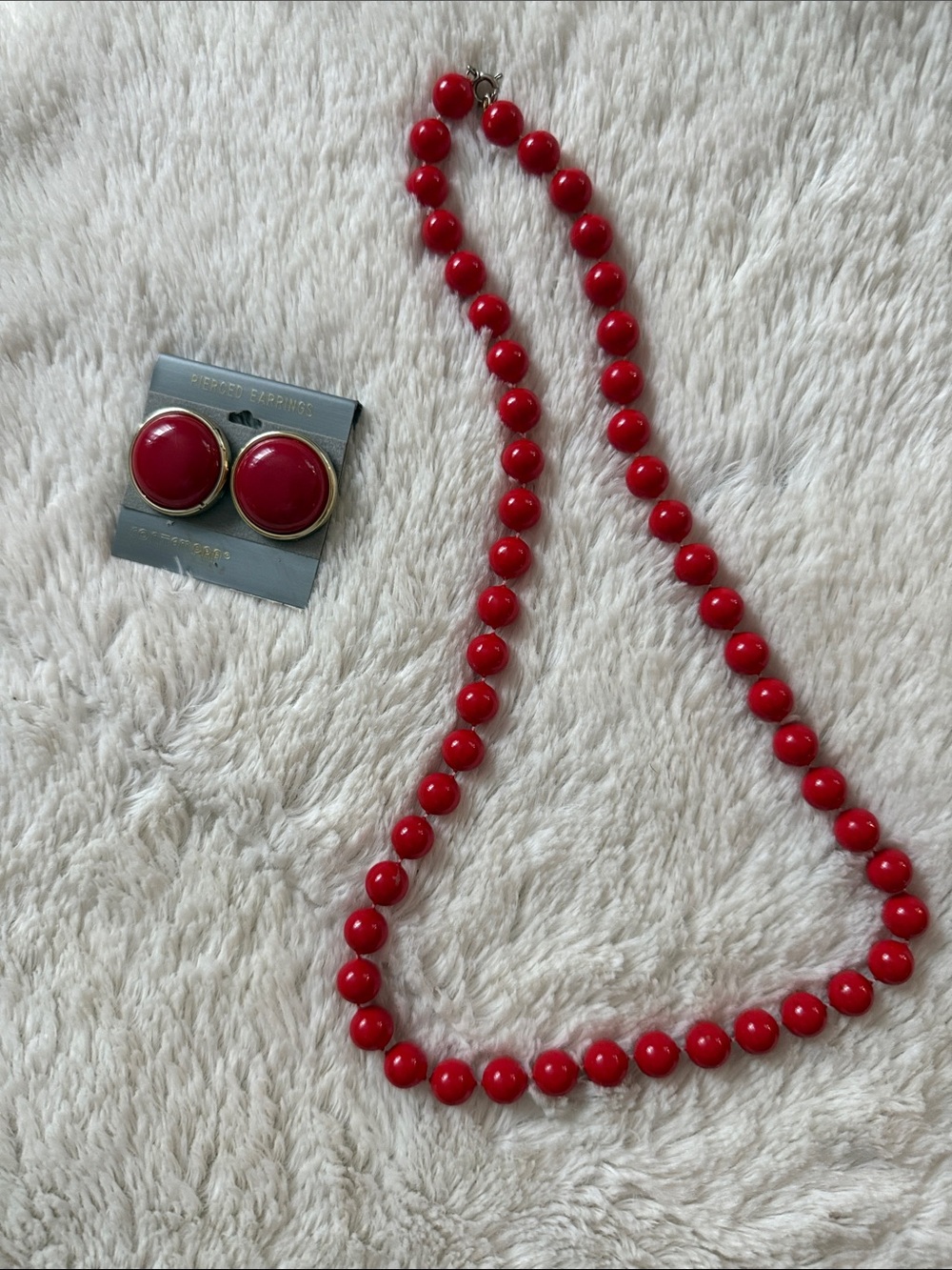 Classic Red Bead Necklace with Matching Clip-On Earrings - Unbranded